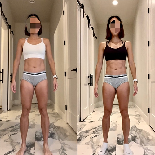 Two impressive before and after body transformations of a woman after a workout.