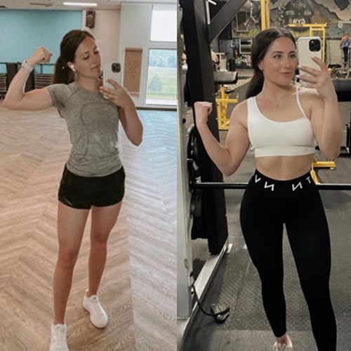 Two pictures of a woman showcasing her before and after body transformations in a gym.
