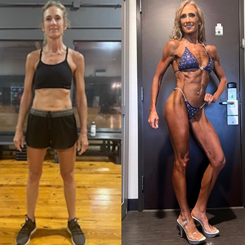 Two women in bikinis showcasing before and after body transformations.
