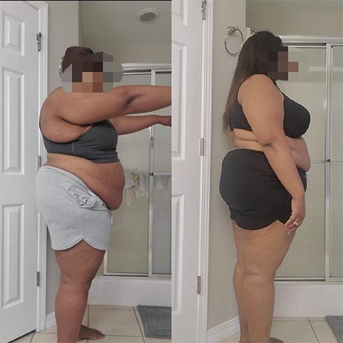Two pictures of a woman showcasing her stunning before and after body transformations, with the bathroom serving as the backdrop.