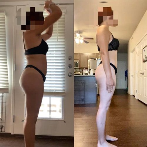 Before and after pictures showcasing a woman's bikini-clad body transformations.