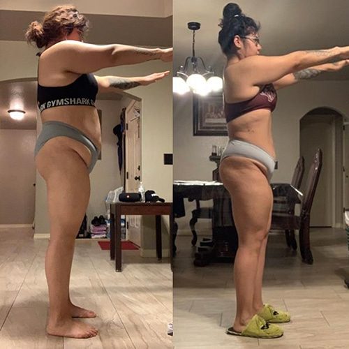 Two pictures of a woman showcasing her before and after body transformations through a weight loss program.