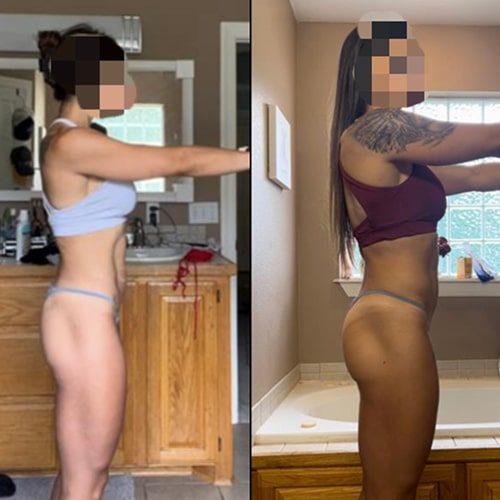 A photo of Lauren Lamestra's significant before and after body transformation, portraying her journey through a dedicated fitness program.
